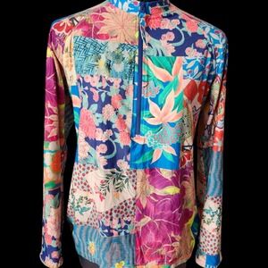 Johnnie Was Gracie Patchwork Rashguard Half Zip Stretch Swim‎ Surf Shirt/Top  1X